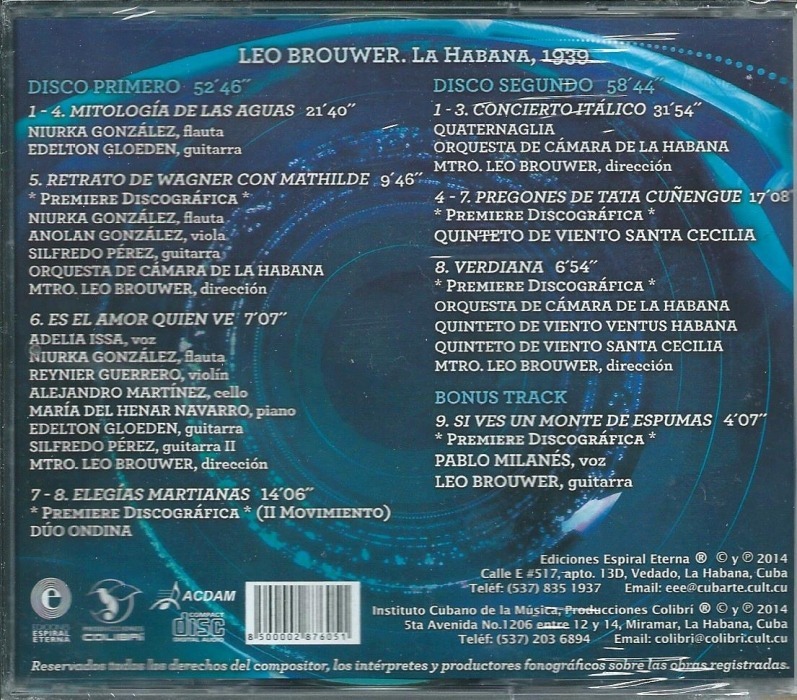 CD Leo Brouwer Mitologia De Las Aguas Back