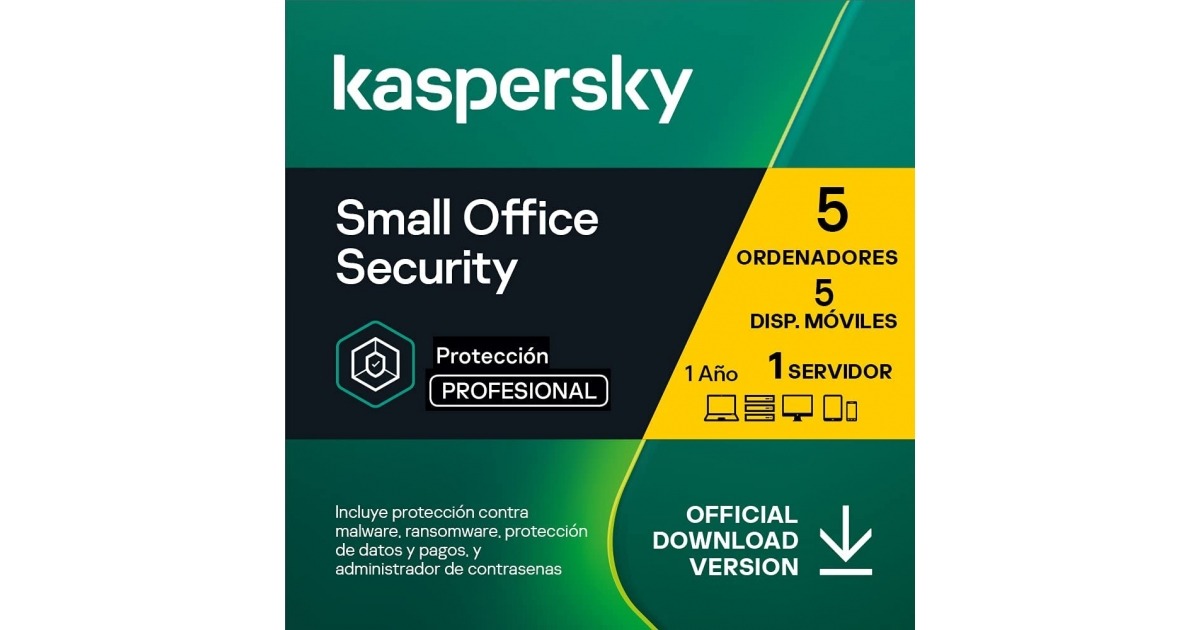 5 escritorios/PC 5 dispositivos móviles Kaspersky Small Office Security 1 servidores 