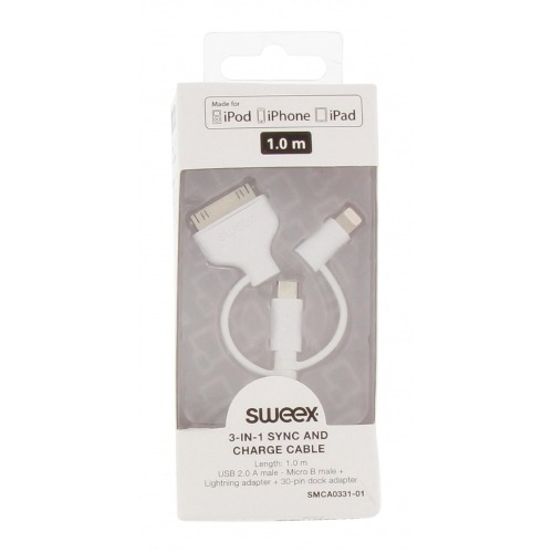 Cable de carga y sincronización Sweex 3 en 1 USB 2.0 A macho - micro B macho + adaptador Lightning