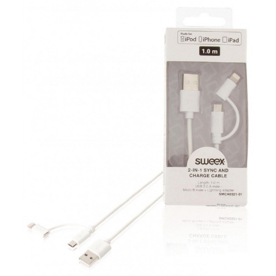 Cable de carga y sincronización USB 2.0 A 2 en 1 macho - micro B macho + adaptador Lightning de 1,
