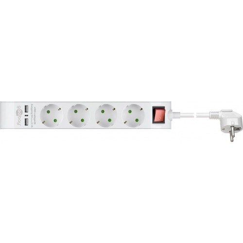 Regleta CA 4 tomas corriente + 2 USB, blanca, 1,4 metros