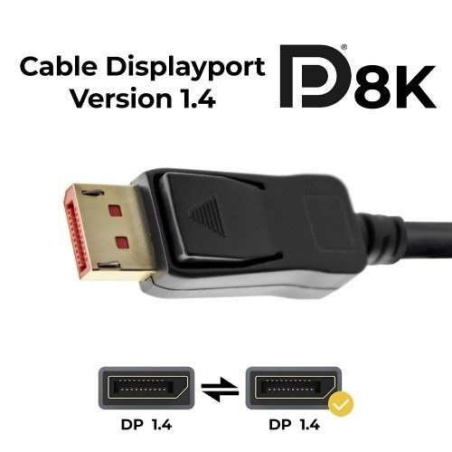 CABLE DISPLAYPORT v1.4 , soporta resoluciones de 8K@30Hz, 5K@60Hz, 4K@120Hz , compatible HDCP 2.2, 3D y HDR Dinámico, longitud 1,5 metros