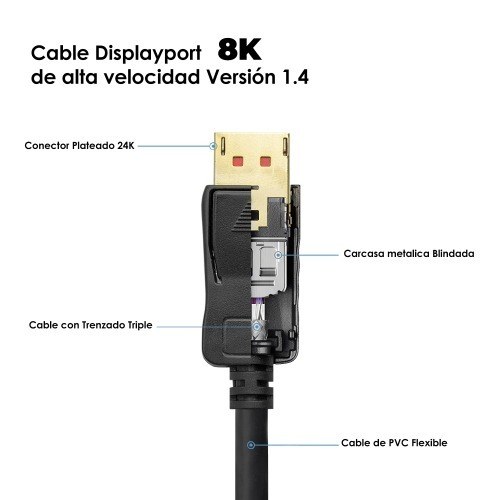 CABLE DISPLAYPORT v1.4 , soporta resoluciones de 8K@30Hz, 5K@60Hz, 4K@120Hz , compatible HDCP 2.2, 3D y HDR Dinámico, longitud 1,5 metros
