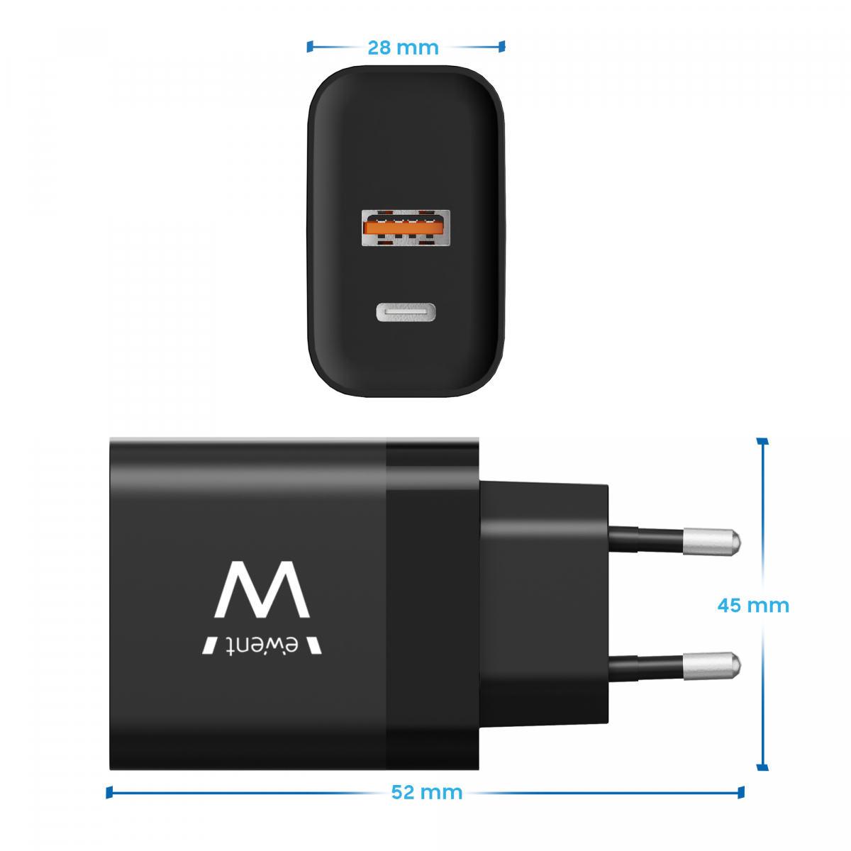 Ewent EW1327 Cargador rápido USB-C y USB-A GaN 45W para Smartphone, Tablet y Portátil