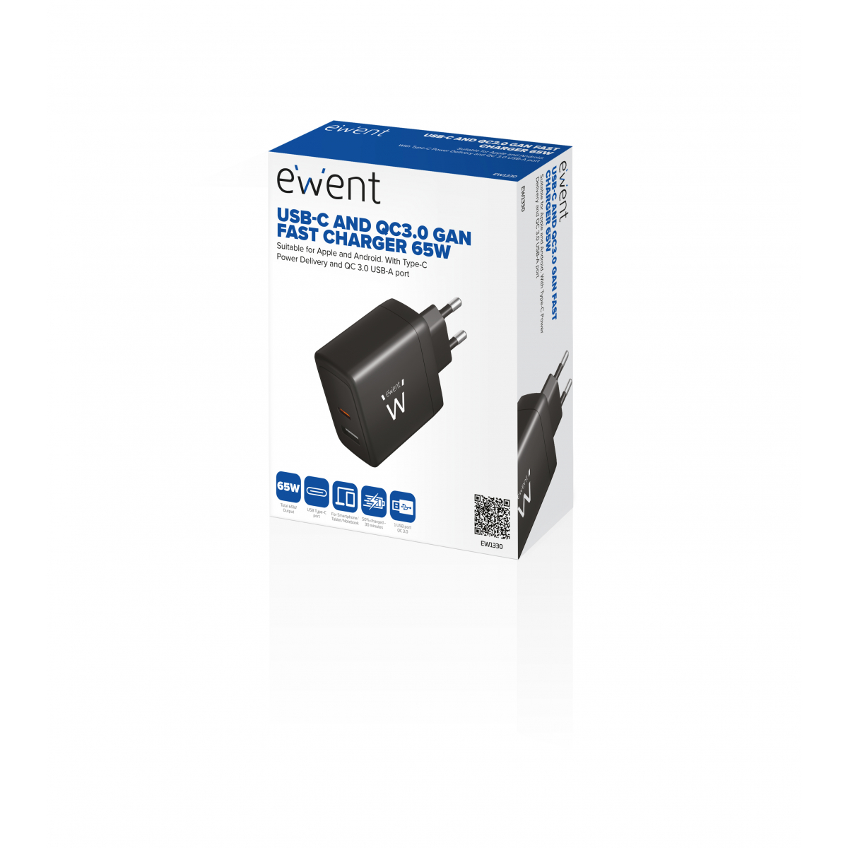 Ewent EW1330 Cargador rápido GaN de 2 puertos (1 USB-C y 1 USB-A) de 65 W para smartphones, tabletas y portátiles